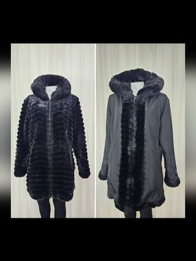 Gallery Black Faux Fur Reversible Hooded Coat Large